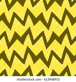 Seamless pattern - decorative  embroidery with  geometrical drawing. Black zigzags on a yellow background.  Cross-stitch.  Vector.