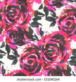 Seamless pattern - decorative embroidery with red roses. Cross-stitch. Vector illustration. 