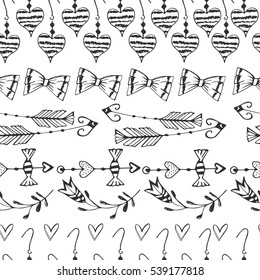 Seamless pattern with decorative fashion elements, arrows, bows, hearts. Hand drawn vector illustration, romantic background for fashion card, print. Beautiful design elements in doodle style.