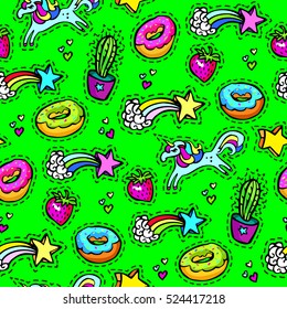 Seamless pattern with decorative fashion patch badges of colorful girls elements. Green background. Girl patches in comic cartoon 80-90 style. Vector illustration stock vector.