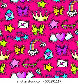 Seamless pattern with decorative fashion patch badges set with colorful girls elements. Girl patches in comic cartoon 80-90 style. Vector illustration stock vector.