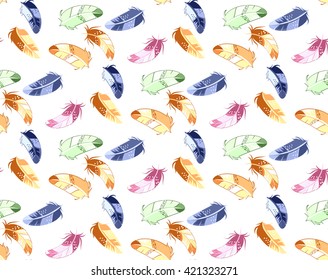 Seamless pattern with decorative feathers. Colorful feather light color on white background.