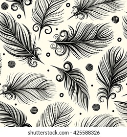 Seamless pattern with decorative feathers. Freehand drawing. Black and white