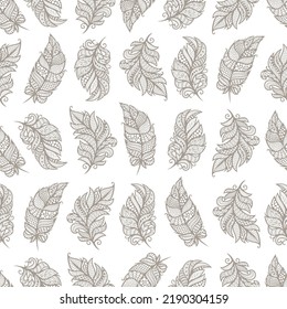 Seamless pattern with decorative feathers, leaves. Endless texture with grey decorative elements on white background. For home textiles, pillow fabrics, bedding. Light calm colors. Vector illustration