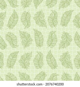 Seamless pattern with decorative feathers. Light green background with white waves, rows of stylized leaves with openwork ornament. Endless texture for fabric, textile, wrapping paper. Vector image.