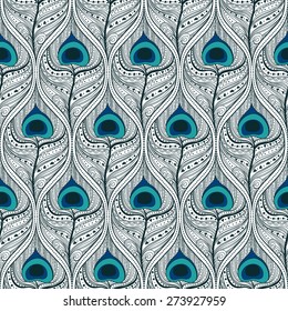 Seamless pattern with decorative feathers. Peacock feather.