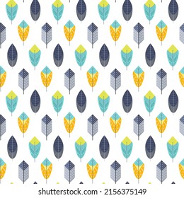 Seamless pattern with decorative feathers. Vector illustration isolated on white background. For design, prints, fabrics and packaging, products for children, stationery and scrapbooking.