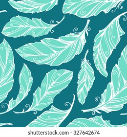 Seamless pattern with decorative feathers. Vector hand drawn illustration. Turquoise, aquamarine, blue color