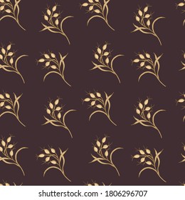 Campo decorativo de estampado sin foco, hierbas de estepa en amarillo sobre un fondo marrón oscuro. Ilustración vectorial para textiles, envoltura, papel pintado, pancartas, tela, papel.
