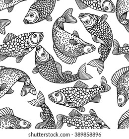 Seamless pattern with decorative fish. Background made without clipping mask. Easy to use for backdrop, textile, wrapping paper.