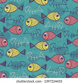 Seamless pattern from decorative fish and fish bones. Pink, yellow and turquoise colors.