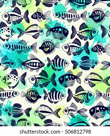 Seamless pattern with decorative fish. Cartoon style. Freehand drawing