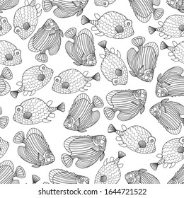 Seamless pattern with decorative fish in doodle style isolated on white background. Vector coral reef fish outline illustration. Easy to use for backdrop, textile,wrapping paper, wrapping paper,print.
