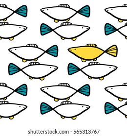 Seamless pattern with decorative fish in flat style on white background. Vector illustration