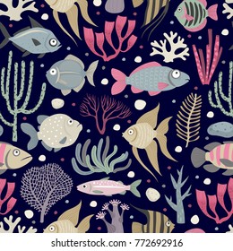 Seamless pattern with decorative fish and seaweed. Cartoon style. Freehand drawing