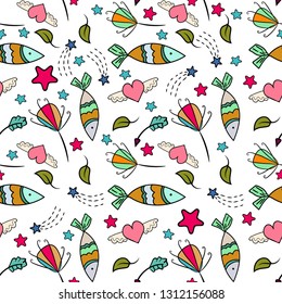 Seamless pattern from decorative fish and star and hearts. Kids background. Hand drawn undersea world in Cartoon style