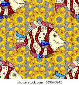 Seamless pattern from decorative fish. Vector illustration. Reaver fish on colored background.