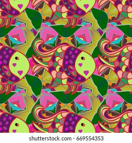 Seamless pattern from decorative fish. Vector illustration. Sea fish on colored background.