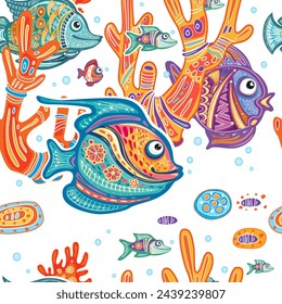 Patrón sin costuras con peces decorativos y corales