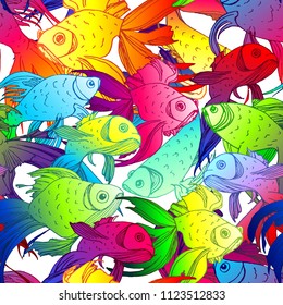 Seamless pattern from decorative fish.Vector. colorful colored hand-drawn fish