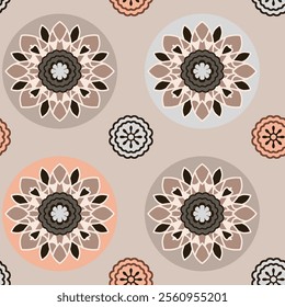 Seamless pattern of decorative floral circles in muted colors.