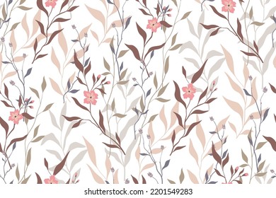 Seamless pattern with decorative floral composition in watercolor colors. Abstract botanical background, delicate floral print with wild plants: small flowers, branches, herbs, leaves on white. Vector