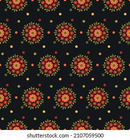 Seamless pattern with decorative floral elements on black backround. Pattern for textile, diches or craft papper.