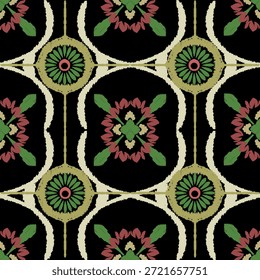 Patrón sin fisuras con adorno floral decorativo. Relación textil. Patrón vintage Ikat. Motivo étnico hecho a mano. Diseño para Fondo de pantalla, textiles, alfombras, azulejos y cerámica.