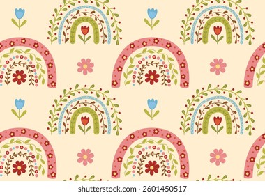Seamless pattern with decorative floral rainbows. Cute spring background in folk style	