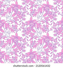 Seamless pattern of decorative flowering branches of spirea, jasmine with foliage and small flowers, purple outline and pink fill. 