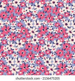 Seamless pattern with decorative flowering field. Floral print, botanical background with small hand-drawn flowers, leaves. Simple floral surface design. Vector illustration.