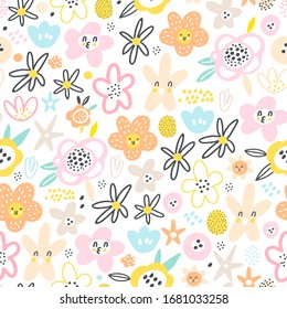 Seamless pattern with decorative flowers in baby style. Perfect for kids fabric, textile, nursery wallpaper. Vector Illustration.