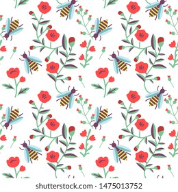 Seamless pattern with decorative flowers and bees