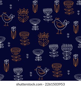 Patrón inmaculado con flores y pájaros decorativos. Archivo vector para diseños.