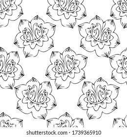 Patrón sin foco con flores decorativas. Imagen de contorno en blanco y negro. Ilustración vectorial. Diseño para textiles, papel de envoltura.