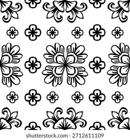 Patrón sin fisuras con flores decorativas. Fondo blanco y negro.