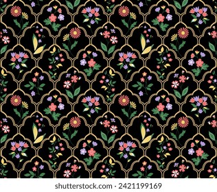 Seamless pattern with decorative flowers, Botanical floral ethnic motif and mughal art flower bunch. abstract flowers print on black background pattern
