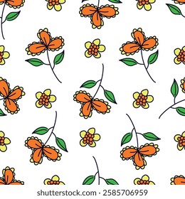 Seamless pattern with decorative flowers branches in natural colors. Rustic floral print, romantic botanical background with delicate hand drawn plants, small flowers, leaves on the branches. Vector