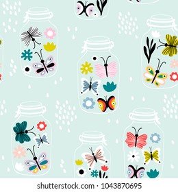 Seamless pattern with decorative flowers and butterflies in jars. Great for fabric, textile. Vector background