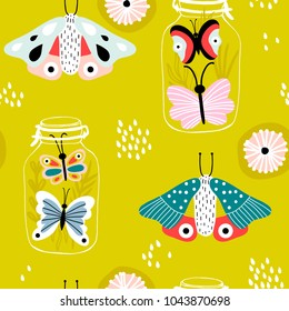 Seamless pattern with decorative flowers and butterflies in jars. Great for fabric, textile. Vector background