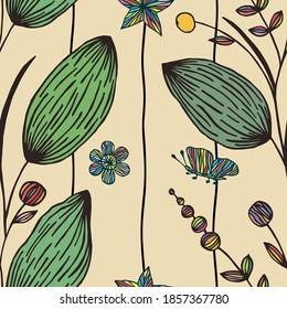 Seamless pattern of decorative flowers and butterflies. Vector stock illustration eps10.