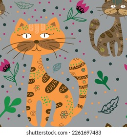 Seamless pattern with decorative flowers and cats. Vector file for designs.