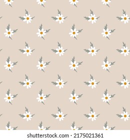 Seamless pattern of decorative flowers and chamomile leaves. Romantic vintage background for textile, fabric, decorative paper on a beige background.