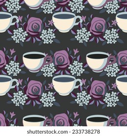 Seamless pattern with decorative flowers and cups