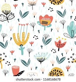 Patrón inmaculado con flores decorativas en estilo doodle. Perfecto para tela infantil, textil, tapicería de vivero. Estilo escandinavo.