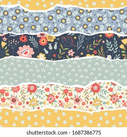 Seamless pattern with decorative flowers and elements, patchwork tiles. Can be used on packaging paper, fabric, background for different images, etc.