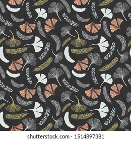 Seamless pattern of decorative flowers and feathers. eps10 vector illustration. hand drawing
