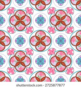 Patrón sin fisuras con flores decorativas. Fondo de Vector floral. Patrón de damasco y círculo. Tema rosa, azul y blanco. Diseño para azulejos, fundas de cojines, alfombras y textiles.