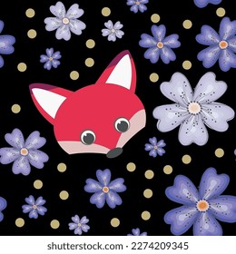 Seamless pattern with decorative flowers and a fox. Vector file for designs.