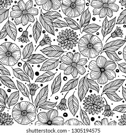 Seamless pattern with decorative flowers. Freehand drawing